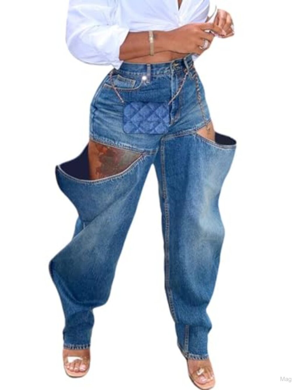 Women's Baggy Cutout Cargo Jeans High Waisted Boyfriend Denim Pants Streetwear